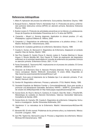 Referencias bibliográficas
1. Alfaro R. Aplicación del proceso de enfermería. Guía práctica. Barcelona: Doyma, 1988
2. Busquet Duran L, Naberán Toña K, Hernández Huet E. Protocolos de asma y enferme-
dad pulmonar obstructiva crónica (EPOC) en atención primaria. Barcelona: Ediciones
Doyma, 1994.
3. Bustos Lozano G. Protocolo de actividades preventivas en la infancia y la adolescencia.
Grupo de Expertos de Actividades Preventivas de 0 a 14 años del PAPPS.
4. Carpenito – Moyet LJ. Nursing diagnosis. Application to clinical practice. (11 ed).
Philadelphia: Lippincot Williams & Wilkins, 2006.
5. Carpenito LJ. Diagnósticos de enfermería. Aplicaciones a la práctica clínica. ( 9 ed).
Madrid: McGraw-Hill - Interamericana, 2003.
6. Clements M. Cuidados geriátricos en enfermería. Barcelona: Doyma, 1986
7. Cuesta A, Guirao JA, Benavent A. Diagnóstico de Enfermería. Adaptación al contexto
español. Diaz de Santos. Madrid. 1994.
8. Del Pino Casado R, Cantón Ponce D, Alarcón Juárez A, Fuentes Martínez A, Navas
Anguis V, Rincón Montilla MC, Ruiz Cejudo R. Poder de explicación del diagnóstico
enfermero en la actividad desarrollada en consulta de enfermería de pacientes crónicos
en atención primaria. Enfermería Clínica. 2001; 11:3-8
9. Ferrer Ferrandis E. Taxonomía NIC: implicaciones en el proceso de cuidados. El Correo
AENTDE. 2003;6(1):10-11
10. Dirección de Enfermería Área 9. Atención Primaria [Internet]. Fines de enfermería y
marco conceptual. Madrid: INSALUD. [Consultado 15 enero 2002]. Disponible en
http://www.hso.es/primaria/enfermeria/pdf/Anexo1.pdf.
11. GedapS. Guía para el tratamiento de la Diabetes tipo 2 en atención primaria. 3ª ed.
Madrid: Harcourt; 2000.
12. Gordon M. Diagnóstico enfermero. Proceso y aplicación. 3ª Ed. Madrid: Mosby; 1996.
13. Sociedad Española de Medicina Familiar y Comunitaria[Internet]. Guía para ayudar a
promover una Alimentación Saludable. Barcelona: PAPPS – SEMFYC. [Consultado 25
de octubre de 2006].Disponible en http://www.papps.org/publicaciones/g4.htm .
14. Guirao-Goris JA, Ruiz A, Alonso A, Cardona JV, Costa E, Dasí MJ, Soler J, Perpiñá MA.
Metodología de cuidados en Atención Domiciliaria. Valencia: Generalitat Valenciana.
Conselleria de Sanitat, 2004.
15. Guirao-Goris JA, Camaño, RE, Cuesta A. Diagnóstico de enfermería. Categorías, formu-
lación e investigación. Sevilla: Ediversitas Multimedia; 2001
16. Henderson V. La naturaleza de la Enfermería. Madrid: Interamericana-McGraw-Hill;
1994.
17. Illinworth RD. El niño normal. Problemas de los primeros años y su tratamiento. México:
Churchill- Livingston; 1993
18. Iyer PW, Taptich BJ, Bernocchi-Losey D. Proceso y diagnóstico de enfermería. México:
McGraw-Hill Interamericana; 1995
431
 