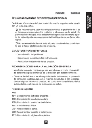 00126 CONOCIMIENTOS DEFICIENTES (ESPECIFICAR)
Definición. Carencia o deficiencia de información cognitiva relacionada
con un tema específico.
Es recomendable usar esta etiqueta cuando el problema en sí es
el desconocimiento sobre los cuidados o el manejo de la salud y la
prevención de riesgos. Para elaborar un diagnóstico enfermero a par-
tir de esta etiqueta no es necesario la identificación de un factor etio-
lógico.
No es recomendable usar esta etiqueta cuando el desconocimien-
to sea el factor etiológico de otro problema.
CARACTERÍSTICAS DEFINITORIAS
• Verbalización del problema.
• Seguimiento inexacto de las instrucciones.
• Realización inadecuada de las pruebas.
RECOMENDACIONES PARA LA VALORACIÓN ESPECÍFICA
• Manifestaciones del problema ya sea verbalmente o por la observación
de deficiencias para el manejo de la situación por desconocimiento.
• Observar la deficiencia en el seguimiento del tratamiento, la presencia
de conductas inadecuadas con el régimen terapéutico o con la realiza-
ción de algunas técnicas o pruebas, así como en el cumplimiento de los
autocuidados, o el manejo de la situación de salud.
Relaciones sugeridas
NOC
1811 Conocimiento: actividad prescrita.
1805 Conocimiento: conducta sanitaria
1820 Conocimiento: control de la diabetes.
1802 Conocimiento: dieta.
0704 Autocontrol del asma.
2609 Apoyo familiar durante el tratamiento.
1813 Conocimiento: régimen terapéutico.
51
PERCEPCION
DESALUD
PACIENTE CUIDADOR
 