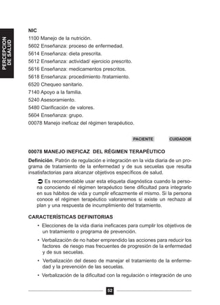 NIC
1100 Manejo de la nutrición.
5602 Enseñanza: proceso de enfermedad.
5614 Enseñanza: dieta prescrita.
5612 Enseñanza: actividad/ ejercicio prescrito.
5616 Enseñanza: medicamentos prescritos.
5618 Enseñanza: procedimiento /tratamiento.
6520 Chequeo sanitario.
7140 Apoyo a la familia.
5240 Asesoramiento.
5480 Clarificación de valores.
5604 Enseñanza: grupo.
00078 Manejo ineficaz del régimen terapéutico.
00078 MANEJO INEFICAZ DEL RÉGIMEN TERAPÉUTICO
Definición. Patrón de regulación e integración en la vida diaria de un pro-
grama de tratamiento de la enfermedad y de sus secuelas que resulta
insatisfactorias para alcanzar objetivos específicos de salud.
Es recomendable usar esta etiqueta diagnóstica cuando la perso-
na conociendo el régimen terapéutico tiene dificultad para integrarlo
en sus hábitos de vida y cumplir eficazmente el mismo. Si la persona
conoce el régimen terapéutico valoraremos si existe un rechazo al
plan y una respuesta de incumplimiento del tratamiento.
CARACTERÍSTICAS DEFINITORIAS
• Elecciones de la vida diaria ineficaces para cumplir los objetivos de
un tratamiento o programa de prevención.
• Verbalización de no haber emprendido las acciones para reducir los
factores de riesgo mas frecuentes de progresión de la enfermedad
y de sus secuelas.
• Verbalización del deseo de manejar el tratamiento de la enferme-
dad y la prevención de las secuelas.
• Verbalización de la dificultad con la regulación o integración de uno
52
PACIENTE CUIDADOR
PERCEPCION
DESALUD
 