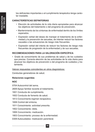 tos deficientes importantes o el cumplimiento terapéutico tenga carác-
ter inestable.
CARACTERÍSTICAS DEFINITORIAS
• Elección de actividades de la vida diaria apropiadas para alcanzar
los objetivos del tratamiento o del programa de prevención.
• Mantenimiento de los síntomas de enfermedad dentro de los límites
esperados.
• Expresión verbal del deseo de manejar el tratamiento de la enfer-
medad y la prevención de secuelas, de intentar reducir los factores
causales o las actuaciones de riesgo más frecuentes.
• Expresión verbal del intento de reducir los factores de riesgo más
frecuentes de progresión de la enfermedad y de sus secuelas.
RECOMENDACIONES PARA LA VALORACIÓN ESPECÍFICA
• Grado de conocimiento de sus problemas de salud y de los cuidados
que precisa. Correcta elección de las actividades de la vida diaria para
alcanzar los objetivos de prevención o del programa de cuidados y tra-
tamiento.
Valorar respuestas coincidentes en otros diagnósticos:
Conductas generadoras de salud.
Relaciones sugeridas
NOC
0704 Autocontrol del asma.
2609 Apoyo familiar durante el tratamiento.
1601 Conducta de cumplimiento.
1602 Conducta de fomento de salud.
1813 Conocimiento:regimen terapeútico.
1608 Control del síntoma.
1811 Conocimiento: actividad prescrita.
1802 Conocimiento: dieta.
1808 Conocimiento: medicación.
1803 Conocimiento: proceso de la enfermedad.
0309 Autocuidados: medicación parenteral.
58
PERCEPCION
DESALUD
 