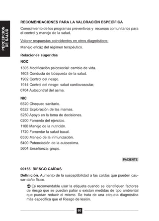 RECOMENDACIONES PARA LA VALORACIÓN ESPECÍFICA
Conocimiento de los programas preventivos y recursos comunitarios para
el control y manejo de la salud.
Valorar respuestas coincidentes en otros diagnósticos:
Manejo eficaz del régimen terapéutico.
Relaciones sugeridas
NOC
1305 Modificación psicosocial: cambio de vida.
1603 Conducta de búsqueda de la salud.
1902 Control del riesgo.
1914 Control del riesgo: salud cardiovascular.
0704 Autocontrol del asma.
NIC
6520 Chequeo sanitario.
6522 Exploración de las mamas.
5250 Apoyo en la toma de decisiones.
0200 Fomento del ejercicio.
1100 Manejo de la nutrición.
1720 Fomentar la salud bucal.
6530 Manejo de la inmunización.
5400 Potenciación de la autoestima.
5604 Enseñanza: grupo.
00155. RIESGO CAÍDAS
Definición. Aumento de la susceptibilidad a las caídas que pueden cau-
sar daño físico.
Es recomendable usar la etiqueta cuando se identifiquen factores
de riesgo que se puedan paliar o existan medidas de tipo ambiental
que puedan reducir el mismo. Se trata de una etiqueta diagnóstica
más específica que el Riesgo de lesión.
60
PACIENTE
PERCEPCION
DESALUD
 