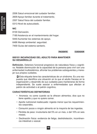 2506 Salud emocional del cuidador familiar.
2609 Apoyo familiar durante el tratamiento.
2507 Salud física del cuidador familiar.
0313 Nivel de autocuidado.
NIC
8100 Derivación.
7180 Asistencia en el mantenimiento del hogar.
5440 Aumentar los sistemas de apoyo.
6486 Manejo ambiental: seguridad.
7400 Guías del sistema sanitario.
000101 INCAPACIDAD DEL ADULTO PARA MANTENER
SU DESARROLLO
Definición. Deterioro funcional progresivo de naturaleza física y cogniti-
va. Notable disminución de la capacidad de la persona para vivir con una
enfermedad multisistémica, afrontar los problemas subsiguientes y mane-
jar sus propios cuidados.
Esta etiqueta tiene las características de un síndrome. Es una res-
puesta que identifica una situación en la que el adulto fracasa en la
organización y desarrollo de sus cuidados para mantenerse de forma
independiente. Se suele asociar a enfermedades que afectan al
patrón de actividad o al patrón cognitivo.
CARACTERÍSTICAS DEFINITORIAS
• Anorexia: no come cuando se le ofrecen alimentos; dice que no
tiene apetito y que no quiere comer.
• Aporte nutricional inadecuado: ingesta menor que los requerimien-
tos corporales.
• Consumir pocos o ningún alimento en la mayoría de las ingestas.
• Pérdida de peso: involuntaria del 5% en un mes, o del 10% en seis
meses.
• Declinación física: evidencia de fatiga, deshidratación, incontinen-
cia intestinal o vesical.
68
PACIENTE CUIDADOR
PERCEPCION
DESALUD
 