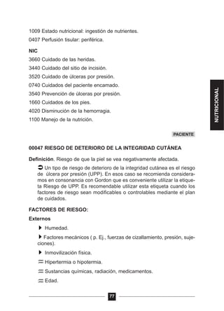1009 Estado nutricional: ingestión de nutrientes.
0407 Perfusión tisular: periférica.
NIC
3660 Cuidado de las heridas.
3440 Cuidado del sitio de incisión.
3520 Cuidado de úlceras por presión.
0740 Cuidados del paciente encamado.
3540 Prevención de úlceras por presión.
1660 Cuidados de los pies.
4020 Disminución de la hemorragia.
1100 Manejo de la nutrición.
00047 RIESGO DE DETERIORO DE LA INTEGRIDAD CUTÁNEA
Definición. Riesgo de que la piel se vea negativamente afectada.
Un tipo de riesgo de deterioro de la integridad cutánea es el riesgo
de úlcera por presión (UPP). En esos caso se recomienda considera-
mos en consonancia con Gordon que es conveniente utilizar la etique-
ta Riesgo de UPP. Es recomendable utilizar esta etiqueta cuando los
factores de riesgo sean modificables o controlables mediante el plan
de cuidados.
FACTORES DE RIESGO:
Externos
Humedad.
Factores mecánicos ( p. Ej., fuerzas de cizallamiento, presión, suje-
ciones).
Inmovilización física.
Hipertermia o hipotermia.
Sustancias químicas, radiación, medicamentos.
Edad.
77
PACIENTE
NUTRICIONAL
 
