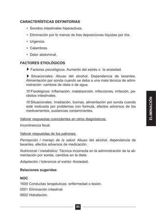 CARACTERÍSTICAS DEFINITORIAS
• Sonidos intestinales hiperactivos.
• Eliminación por lo menos de tres deposiciones líquidas por día.
• Urgencia.
• Calambres.
• Dolor abdominal.
FACTORES ETIOLÓGICOS
Factores psicológicos. Aumento del estrés o la ansiedad.
Situacionales. Abuso del alcohol. Dependencia de laxantes.
Alimentación por sonda cuando se deba a una mala técnica de admi-
nistración: cambios de dieta o de agua.
Fisiológicos: Inflamación, malabsorción, infecciones, irritación, pa-
rásitos intestinales.
Situacionales. Irradiación, toxinas, alimentación por sonda cuando
esté motivada por problemas con formula, efectos adversos de los
medicamentos, sustancias contaminantes.
Valorar respuestas coincidentes en otros diagnósticos:
Incontinencia fecal.
Valorar respuestas de los patrones:
Percepción / manejo de la salud: Abuso del alcohol, dependencia de
laxantes, efectos adversos de medicación.
Nutricional / metabólico: Técnica incorrecta en la administración de la ali-
mentación por sonda, cambios en la dieta.
Adaptación / tolerancia al estrés: Ansiedad.
Relaciones sugeridas
NOC
1609 Conductas terapéuticas: enfermedad o lesión.
0501 Eliminación intestinal.
0602 Hidratación.
83
ELIMINACIÓN
 