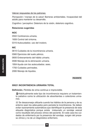 Valorar respuestas de los patrones:
Percepción / manejo de la salud: Barreras ambientales. Incapacidad del
adulto para mantener su desarrollo.
Cognitivo / perceptivo: Deterioro de la visión, deterioro cognitivo.
Relaciones sugeridas
NOC
0502 Continencia urinaria.
1608 Control del síntoma.
0310 Autocuidados: uso del inodoro.
NIC
0610 Cuidados de la incontinencia urinaria.
0560 Ejercicios del suelo pélvico.
0600 Entrenamiento del hábito urinario.
0590 Manejo de la eliminación urinaria.
1804 Ayuda con los autocuidados: aseo.
1750 Cuidados perineales.
2080 Manejo de líquidos.
00021 INCONTINENCIA URINARIA TOTAL
Definición. Pérdida de orina continua e imprevisible.
Habitualmente este tipo de incontinencia requiere un tratamien-
to paliativo como la utilización de absorbentes o colectores urina-
rios.
Se desaconseja utilizarla cuando los hábitos de la persona y de su
entorno sean los adecuados pero persista la incontinencia. Se deben
evitar razonamiento automáticos que identifiquen la presencia de esta
etiqueta diagnóstica porque exista instaurado un sondaje vesical
como resultado del proceso clínico del paciente. En este caso los cui-
dados de enfermería por la presencia del sondaje, surgen del proce-
so clínico y no de un diagnóstico enfermero.
88
PACIENTE
ELIMINACIÓN
 