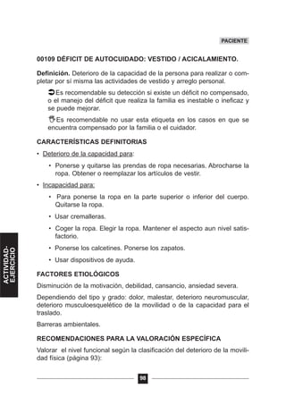 00109 DÉFICIT DE AUTOCUIDADO: VESTIDO / ACICALAMIENTO.
Definición. Deterioro de la capacidad de la persona para realizar o com-
pletar por sí misma las actividades de vestido y arreglo personal.
Es recomendable su detección si existe un déficit no compensado,
o el manejo del déficit que realiza la familia es inestable o ineficaz y
se puede mejorar.
Es recomendable no usar esta etiqueta en los casos en que se
encuentra compensado por la familia o el cuidador.
CARACTERÍSTICAS DEFINITORIAS
• Deterioro de la capacidad para:
• Ponerse y quitarse las prendas de ropa necesarias. Abrocharse la
ropa. Obtener o reemplazar los artículos de vestir.
• Incapacidad para:
• Para ponerse la ropa en la parte superior o inferior del cuerpo.
Quitarse la ropa.
• Usar cremalleras.
• Coger la ropa. Elegir la ropa. Mantener el aspecto aun nivel satis-
factorio.
• Ponerse los calcetines. Ponerse los zapatos.
• Usar dispositivos de ayuda.
FACTORES ETIOLÓGICOS
Disminución de la motivación, debilidad, cansancio, ansiedad severa.
Dependiendo del tipo y grado: dolor, malestar, deterioro neuromuscular,
deterioro musculoesquelético de la movilidad o de la capacidad para el
traslado.
Barreras ambientales.
RECOMENDACIONES PARA LA VALORACIÓN ESPECÍFICA
Valorar el nivel funcional según la clasificación del deterioro de la movili-
dad física (página 93):
98
PACIENTE
ACTIVIDAD-
EJERCICIO
 