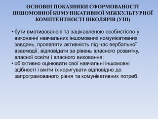 • бути вмотивованою та зацікавленою особистістю у
виконанні навчальних іншомовних комунікативних
завдань, проявляти активність під час вербальної
взаємодії, відповідати за рівень власного розвитку,
власної освіти і власного виховання;
• об’єктивно оцінювати свої навчальні іншомовні
здібності і вміти їх коригувати відповідно до
запрограмованого рівня та комунікативних потреб.
ОСНОВНІ ПОКАЗНИКИ СФОРМОВАНОСТІ
ІНШОМОВНОЇ КОМУНІКАТИВНОЇ МІЖКУЛЬТУРНОЇ
КОМПТЕНТНОСТІ ШКОЛЯРІВ (УІІІ)
 