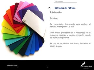 Sabemos Cómo
Fondo Inmobiliario
Derivados del Petróleo
35
2. Industriales:
Propileno:
Se comercializa directamente para producir el
llamado polipropileno , el cual:
Tiene fuertes propiedades en lo relacionado con la
resistencia máxima a la tracción, elongación, modulo
de flexión, transparencia.
Es uno de los plásticos más duros, resistentes al
calor y al agua.
 