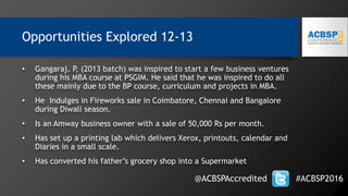 • Gangaraj. P, (2013 batch) was inspired to start a few business ventures
during his MBA course at PSGIM. He said that he was inspired to do all
these mainly due to the BP course, curriculum and projects in MBA.
• He Indulges in Fireworks sale in Coimbatore, Chennai and Bangalore
during Diwali season.
• Is an Amway business owner with a sale of 50,000 Rs per month.
• Has set up a printing lab which delivers Xerox, printouts, calendar and
Diaries in a small scale.
• Has converted his father’s grocery shop into a Supermarket
Opportunities Explored 12-13
@ACBSPAccredited #ACBSP2016
 