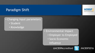 Paradigm Shift
@ACBSPAccredited #ACBSP2016
• Changing Input parameters
• Student
• Knowledge
• Environmental Impact
• Employer to Employed
• Socio Economic
Influence
 