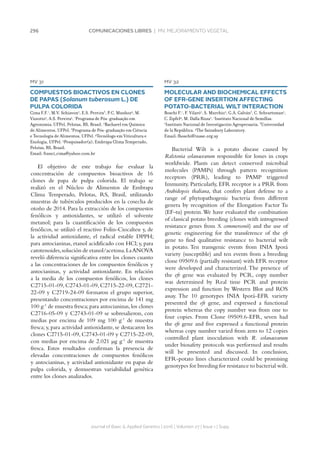296 COMUNICACIONES LIBRES | MV. MEJORAMIENTO VEGETAL
Journal of Basic  Applied Genetics | 2016 | Volumen 27 | Issue 1 | Supp.
MV 32
MOLECULAR AND BIOCHEMICAL EFFECTS
OF EFR-GENE INSERTION AFFECTING
POTATO-BACTERIAL WILT INTERACTION
Boschi F.1
, F. Vilaró2
, S. Murchio2
, G.A. Galván3
, C. Schvartzman2
,
C. Zipfel4
, M. Dalla Rizza2
. 1
Instituto Nacional de Semillas.
2
Instituto Nacional de Investigación Agropecuaria. 3
Universidad
de la República. 4
The Sainsbury Laboratory.
Email: fboschi@inase.org.uy
Bacterial Wilt is a potato disease caused by
Ralstonia solanacearum responsible for losses in crops
worldwide. Plants can detect conserved microbial
molecules (PAMPs) through pattern recognition
receptors (PRR), leading to PAMP triggered
Immunity. Particularly, EFR receptor is a PRR from
Arabidopsis thaliana, that confers plant defense to a
range of phytopathogenic bacteria from different
genera by recognition of the Elongation Factor Tu
(EF-tu) protein.We have evaluated the combination
of classical potato breeding (clones with introgressed
resistance genes from S. commersonii) and the use of
genetic engineering for the transference of the efr
gene to find qualitative resistance to bacterial wilt
in potato. Ten transgenic events from INIA Iporá
variety (susceptible) and ten events from a breeding
clone 09509.6 (partially resistant) with EFR receptor
were developed and characterized. The presence of
the efr gene was evaluated by PCR, copy number
was determined by Real time PCR and protein
expression and function by Western Blot and ROS
assay. The 10 genotypes INIA Iporá-EFR variety
presented the efr gene, and expressed a functional
protein whereas the copy number was from one to
four copies. From Clone 09509.6-EFR, seven had
the efr gene and five expressed a functional protein
whereas copy number varied from zero to 12 copies
controlled plant inoculation with R. solanacearum
under biosafety protocols was performed and results
will be presented and discussed. In conclusion,
EFR-potato lines characterized could be promising
genotypes for breeding for resistance to bacterial wilt.
MV 31
COMPUESTOS BIOACTIVOS EN CLONES
DE PAPAS (Solanum tuberosum L.) DE
PULPA COLORIDA
Cima F.F.1
, M.V. Schiavon2
, E.S. Pereira3
, P.C. Munhoz4
, M.
Vizzotto5
, A.S. Pereira5
. 1
Programa de Pós-graduação em
Agronomia, UFPel, Pelotas, RS, Brasil. 2
Bacharel em Química
de Alimentos, UFPel. 3
Programa de Pós-graduação em Ciência
e Tecnologia de Alimentos, UFPel. 4
Tecnólogo em Viticultura e
Enologia, UFPel. 5
Pesquisador(a), Embrapa Clima Temperado,
Pelotas, RS, Brasil.
Email: franci_cima@yahoo.com.br
El objetivo de este trabajo fue evaluar la
concentración de compuestos bioactivos de 16
clones de papa de pulpa colorida. El trabajo se
realizó en el Núcleo de Alimentos de Embrapa
Clima Temperado, Pelotas, RS, Brasil, utilizando
muestras de tubérculos producidos en la cosecha de
otoño de 2014. Para la extracción de los compuestos
fenólicos y antioxidantes, se utilizó el solvente
metanol; para la cuantificación de los compuestos
fenólicos, se utilizó el reactivo Folin-Ciocalteu y, de
la actividad antioxidante, el radical estable DPPH;
para antocianinas, etanol acidificado con HCl; y, para
carotenoides,solución de etanol/acetona.LaANOVA
reveló diferencia significativa entre los clones cuanto
a las concentraciones de los compuestos fenólicos y
antocianinas, y actividad antioxidante. En relación
a la media de los compuestos fenólicos, los clones
C2715-01-09, C2743-01-09, C2715-22-09, C2721-
22-09 y C2719-24-09 formaron el grupo superior,
presentando concentraciones por encima de 141 mg
100 g-1
de muestra fresca;para antocianinas,los clones
C2716-05-09 y C2743-01-09 se sobresalieron, con
medias por encima de 109 mg 100 g-1
de muestra
fresca; y, para actividad antioxidante, se destacaron los
clones C2715-01-09, C2743-01-09 y C2715-22-09,
con medias por encima de 2.021 µg g-1
de muestra
fresca. Estos resultados confirman la presencia de
elevadas concentraciones de compuestos fenólicos
y antocianinas, y actividad antioxidante en papas de
pulpa colorida, y demuestran variabilidad genética
entre los clones analizados.
 