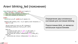 Агент blinking_led (пояснения)
class blinking_led final : public so_5::agent_t {
state_t off{ this }, blinking{ this },
blink_on{ initial_substate_of{ blinking } },
blink_off{ substate_of{ blinking } };
public :
struct turn_on_off : public so_5::signal_t {};
blinking_led( context_t ctx ) : so_5::agent_t{ std::move(ctx) } {
this >>= off;
off.just_switch_to< turn_on_off >( blinking );
blinking.just_switch_to< turn_on_off >( off );
blink_on
.on_enter( []{ std::cout << "ON" << std::endl; } )
.on_exit( []{ std::cout << "off" << std::endl; } )
.time_limit( std::chrono::milliseconds{1500}, blink_off );
blink_off
.time_limit( std::chrono::milliseconds{750}, blink_on );
}
};
35
Определение двух вложенных
состояний для состояния blinking.
Подсостояние blink_on является
начальным подсостоянием.
 