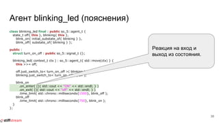 Агент blinking_led (пояснения)
class blinking_led final : public so_5::agent_t {
state_t off{ this }, blinking{ this },
blink_on{ initial_substate_of{ blinking } },
blink_off{ substate_of{ blinking } };
public :
struct turn_on_off : public so_5::signal_t {};
blinking_led( context_t ctx ) : so_5::agent_t{ std::move(ctx) } {
this >>= off;
off.just_switch_to< turn_on_off >( blinking );
blinking.just_switch_to< turn_on_off >( off );
blink_on
.on_enter( []{ std::cout << "ON" << std::endl; } )
.on_exit( []{ std::cout << "off" << std::endl; } )
.time_limit( std::chrono::milliseconds{1500}, blink_off );
blink_off
.time_limit( std::chrono::milliseconds{750}, blink_on );
}
};
38
Реакция на вход и
выход из состояния.
 