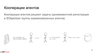 Кооперации агентов
Кооперации агентов решают задачу одномоментной регистрации
в SObjectizer группы взаимосвязанных агентов.
46
 