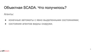 Объектная SCADA. Что получилось?
Агенты:
● конечные автоматы с явно выделенными состояниями;
● состояния агентов видны снаружи.
6
 