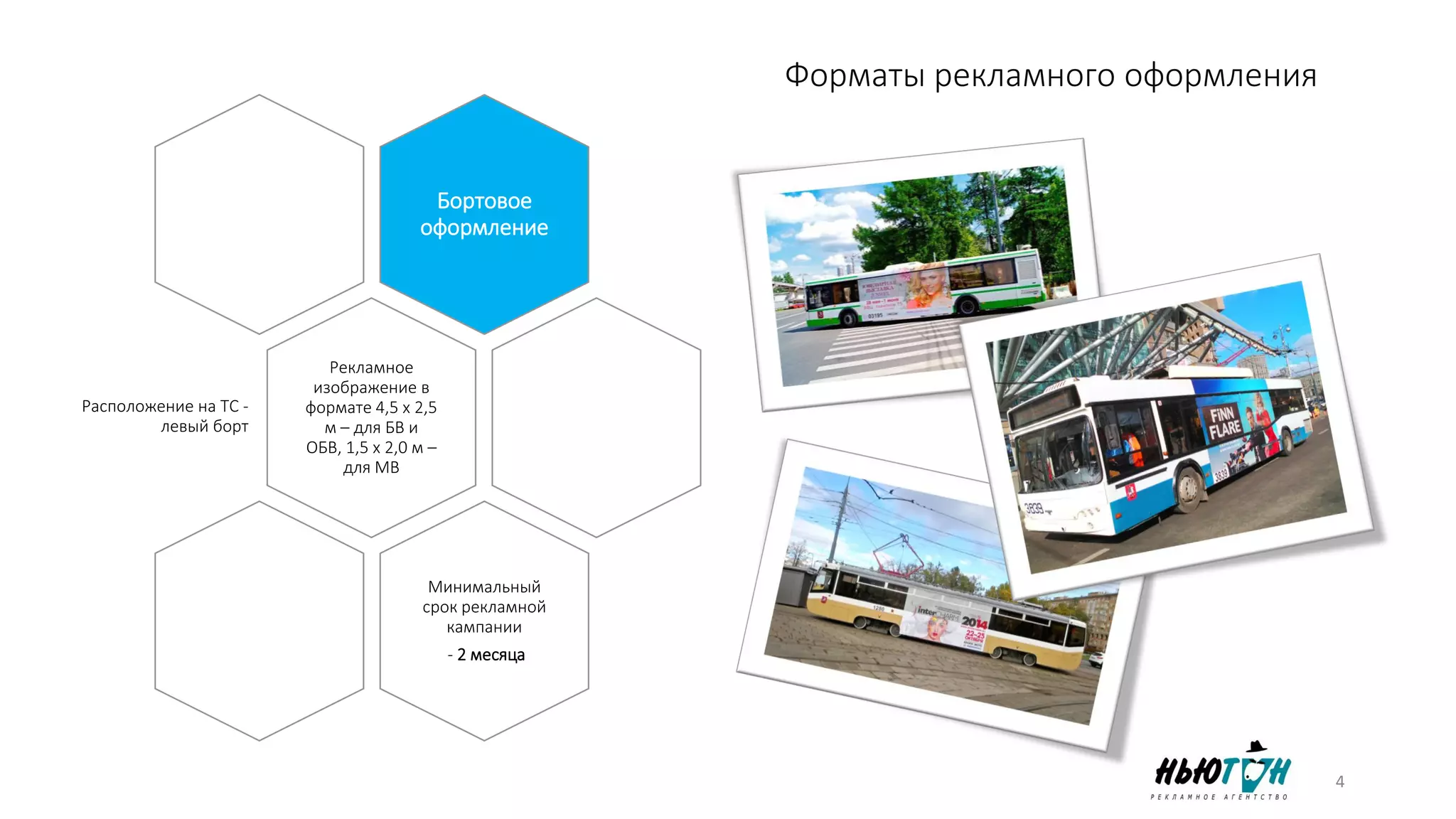 Форматы рекламного оформления
Бортовое
оформление
Рекламное
изображение в
формате 4,5 х 2,5
м – для БВ и
ОБВ, 1,5 х 2,0 м –
для МВ
Расположение на ТС -
левый борт
Минимальный
срок рекламной
кампании
- 2 месяца
4
 