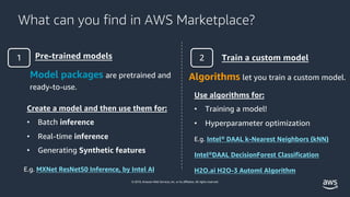 © 2019, Amazon Web Services, Inc. or its affiliates. All rights reserved.
Algorithms let you train a custom model.Model pa...