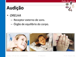 Órgãos dos sentidos




Audição
 • ORELHA
       ─ Receptor externo de sons.
       ─ Órgão de equilíbrio do corpo.




Ciências – 8º ano Ens. Fundamental   4º Bimestre      Profa. Rebeca Vale
 