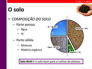 O solo e o subsolo




O solo
 • COMPOSIÇÃO DO SOLO
       ─ Parte porosa
             • Água
             • Ar

       ─ Parte sólida
             • Minerais
             • Matéria orgânica


                Solo fértil é o solo bom para o cultivo de plantas.
Ciências – 6º ano Ens. Fundamental   2º Bimestre               Profa. Rebeca Vale
 