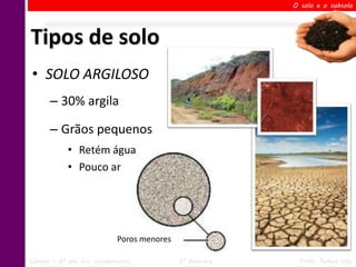O solo e o subsolo




Tipos de solo
 • SOLO ARGILOSO
       – 30% argila

       – Grãos pequenos
             • Retém água
             • Pouco ar




                             Poros menores

Ciências – 6º ano Ens. Fundamental           2º Bimestre    Profa. Rebeca Vale
 