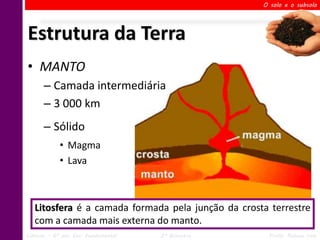 O solo e o subsolo




Estrutura da Terra
• MANTO
      – Camada intermediária
      – 3 000 km
      – Sólido
            • Magma
            • Lava



   Litosfera é a camada formada pela junção da crosta terrestre
   com a camada mais externa do manto.
Ciências – 6º ano Ens. Fundamental   2º Bimestre     Profa. Rebeca Vale
 