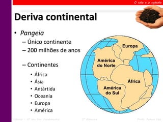 O solo e o subsolo




Deriva continental
• Pangeia
      – Único continente
      – 200 milhões de anos

      – Continentes
            •   África
            •   Ásia
            •   Antártida
            •   Oceania
            •   Europa
            •   América
Ciências – 6º ano Ens. Fundamental   2º Bimestre    Profa. Rebeca Vale
 