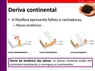 O solo e o subsolo




Deriva continental
• A litosfera apresenta falhas e rachaduras.
      – Placas tectônicas




  Teoria da tectônica das placas: as placas rochosas estão em
  constante movimento, e carregam os continentes.
Ciências – 6º ano Ens. Fundamental   2º Bimestre    Profa. Rebeca Vale
 