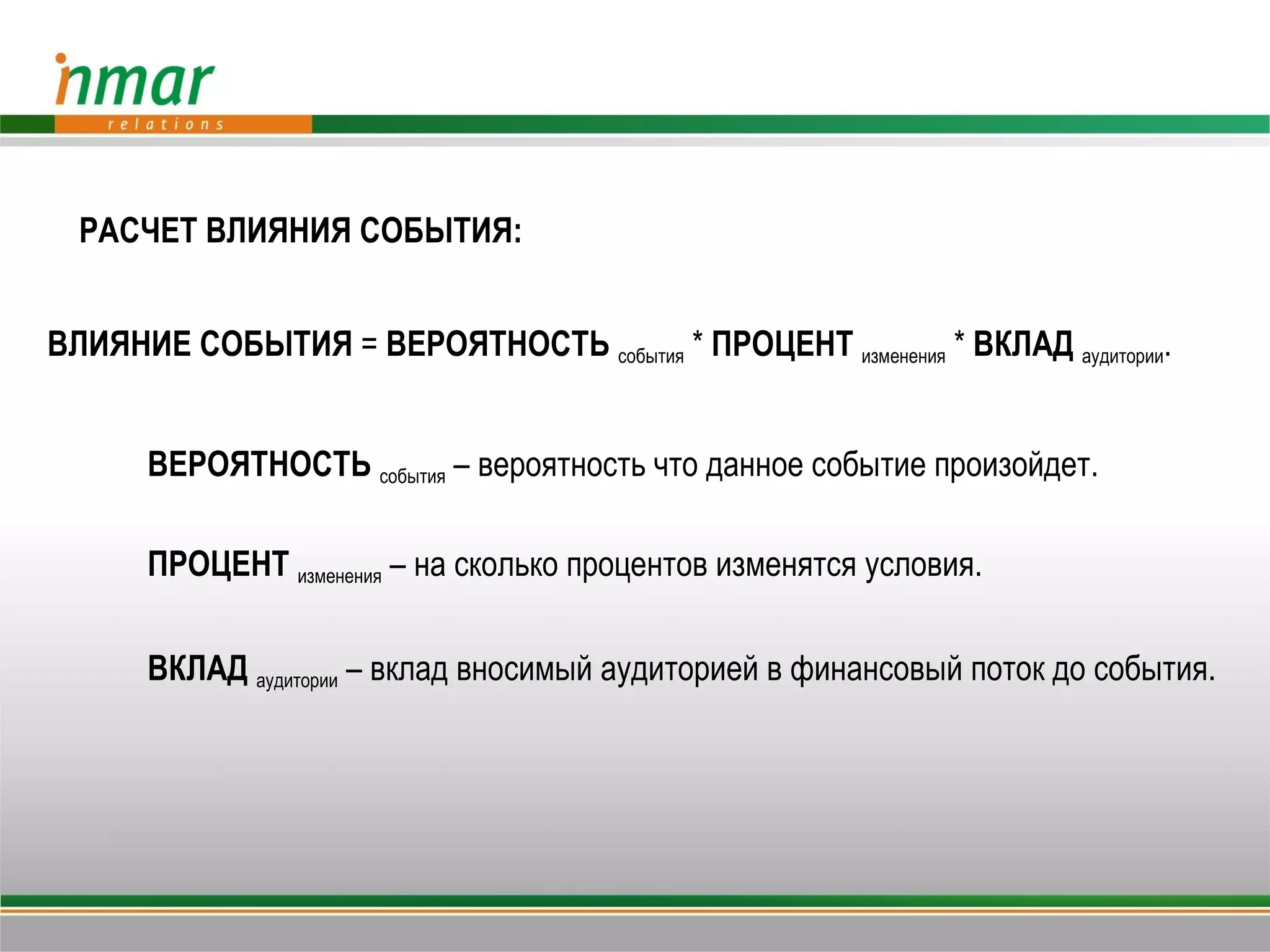 РАСЧЕТ ВЛИЯНИЯ СОБЫТИЯ:


ВЛИЯНИЕ СОБЫТИЯ = ВЕРОЯТНОСТЬ события * ПРОЦЕНТ изменения * ВКЛАД аудитории.


      ВЕРОЯТНОСТЬ события – вероятность что данное событие произойдет.

      ПРОЦЕНТ изменения – на сколько процентов изменятся условия.

      ВКЛАД аудитории – вклад вносимый аудиторией в финансовый поток до события.
 