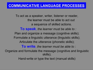 To act as a speaker, writer, listener or reader, the learner must be able to act out  a sequence of skilled actions. To speak ,   the learner must be able to : Plan and organize a message (cognitive skills); Formulate a linguistic utterance (linguistic skills); Articulate the utterance (phonetic skills); To write ,   the learner must be able to  : Organize and formulate the message (cognitive and linguistic skills); Hand-write or type the text (manual skills) COMMUNICATIVE LANGUAGE PROCESSES 