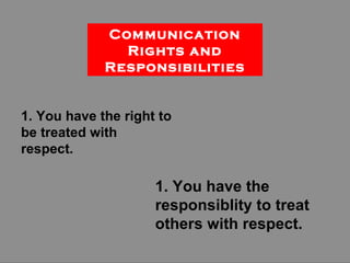 1. You have the right to be treated with respect. 1. You have the responsiblity to treat others with respect. Communication Rights and Responsibilities 
