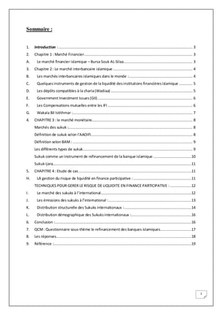 2
Sommaire :
1. Introduction :........................................................................................................................ 3
2. Chapitre 1 : Marché Financier................................................................................................. 3
A. Le marché financier islamique – Bursa Souk AL-Silaa.............................................................. 3
3. Chapitre 2 : Le marché interbancaire islamique ....................................................................... 4
B. Les marchés interbancaires islamiques dans le monde :......................................................... 4
C. Quelquesinstruments de gestion de la liquidité desinstitutions financièresislamique ............ 5
D. Les dépôts compatibles à la charia(Wadiaa) ......................................................................... 5
E. Government Investment Issues(GII)..................................................................................... 6
F. Les Compensations mutuelles entre les IFI............................................................................ 6
G. Wakala Bil Istithmar :........................................................................................................... 7
4. CHAPITRE 3 : le marché monétaire.......................................................................................... 8
Marchés des sukuk :............................................................................................................... 8
Définition de sukuk selon l’AAOIFI........................................................................................... 8
Définition selon BAM : ........................................................................................................... 9
Les différents types de sukuk.................................................................................................. 9
Sukuk comme un instrument de refinancement de la banque islamique ..................................10
Sukukijara............................................................................................................................11
5. CHAPITRE 4 : Etude de cas.....................................................................................................11
H. LA gestion du risque de liquidité en finance participative :....................................................11
TECHNIQUES POUR GERER LE RISQUE DE LIQUIDITE EN FINANCE PARTICIPATIVE : ...................12
I. Le marché des sukuks à l’international.................................................................................12
J. Les émissions des sukuks à l’international :..........................................................................13
K. Distribution structurelle des Sukuks internationaux :............................................................14
L. Distribution démographique des Sukuksinternationaux :......................................................16
6. Conclusion :..........................................................................................................................16
7. QCM: Questionnaire sous-thème le refinancement des banques islamiques............................17
8. Les réponses.........................................................................................................................18
9. Référence :...........................................................................................................................19
 