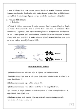 7
le futur, à la banque B le même montant pour une journée ou la moitié du montant pour deux
journées, et ainsi de suite. Il est à repérer qu'en pratique les deux parties se fixent un délai déterminé
ou un plafond de notes à ne pas dépasser pour que le solde des deux banques soit équilibré.
7. Wakala Bil Istithmar :
 Définition :
Al Wakala Bil Istithmar est un contrat de mandat aux termes duquel une partie (Wakil) est chargée
de réaliser désinvestissements pour le compte d’une autre partie en contrepartie d’une
rémunération .Ce qui nous a incités à poser des interrogations sur le degré de licéité de cette action.
En effet, d’autres pensent que la banque centrale jouera un rôle en tant que solution de dernier
ressort. Ainsi, parmi les modèles de gestion qui ont été proposés Wakala Mourabaha, nous allons
par la suite expliquer ce modèle(Services, 2012).
Figure 4 : Wakala Bil Istithmar
1) La banque commerciale déficitaire reçoit un capital (C) de la banque centrale.
2) La banque commerciale utilise la dite liquidité pour payer la transaction avec un (Broker 2) en
faveur d’un (Broker 1).
3) La banque commerciale reçoit le bien qui coute (C).
4) La banque commerciale vente le bien à un (Broker 1) avec marge bénéficiaire.
5) A l’échéance, la banque commerciale reçoit une quantité de liquidité correspondante à C+M
(avec M est la marge bénéficiaire).
6) La banque centrale reçoit le capital (L) et une partie de la marge après diduction de la
commission de la banque commerciale.
 