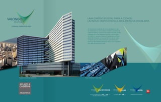 Um lançamento localizado de forma estratégica no eixo
de revitalização do centro antigo e também na entrada da
cidade de Santos, na esquina da Avenida Visconde de São
Leopoldo com a Rua Alexandre Gusmão, em uma área
de 3.892 m2
, na qual a Odebrecht Realizações e a Franz,
pretendem implantar um empreendimento de uso misto,
composto por uma única torre de 21 pavimentos com:
Hotel que será operado pelo grupo Accor, com a bandeira
Ibis, salas de escritórios e lojas.
Uma cartão postal para a cidade.
Um novo marco para a arquitetura brasileira.
O brasil passa por aqui
LOJAS DE 17 a 58 m2 UNIDADES hoteleiras
Salas comerciais DE 42 A 110 m2
de área privativa coberta
Perspectiva ilustrada da fachada Fotos de Santos: Ernesto Papa
 