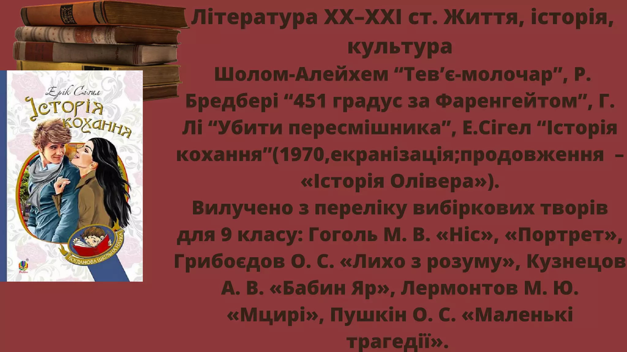 Література XX–XXI ст. Життя, історія,
культура
Шолом-Алейхем “Тев’є-молочар”, Р.
Бредбері “451 градус за Фаренгейтом”, Г.
Лі “Убити пересмішника”, Е.Сігел “Історія
кохання”(1970,екранізація;продовження –
«Історія Олівера»).
Вилучено з переліку вибіркових творів
для 9 класу: Гоголь М. В. «Ніс», «Портрет»,
Грибоєдов О. С. «Лихо з розуму», Кузнецов
А. В. «Бабин Яр», Лермонтов М. Ю.
«Мцирі», Пушкін О. С. «Маленькі
трагедії».
 