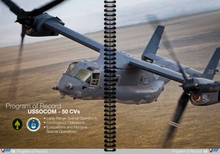 18 Program of Record 19Program of Record
Program of Record
		 USSOCOM - 50 CVs
• Long-Range Special Operations
• Contingency Operations
• Evacuations and Maritime
	 Special Operations
 