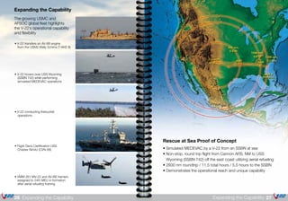 Rescue at Sea Proof of Concept
• Simulated MEDEVAC by a V-22 from an SSBN at sea
• Non-stop, round trip flight from Cannon AFB, NM to USS 	
Wyoming (SSBN 742) off the east coast utilizing aerial refueling
• 2600 nm roundtrip / 11.5 total hours / 5.5 hours to the SSBN
• Demonstrates the operational reach and unique capability
Expanding the Capability
The growing USMC and
AFSOC global fleet highlights
the V-22’s operational capability
and flexibility
• V-22 transfers an AV-8B engine 	
from the USNS Wally Schirra (T-AKE 8)
• V-22 hovers over USS Wyoming
(SSBN 742) while performing
simulated MEDEVAC operations
• V-22 conducting firebucket
operations
• Flight Deck Certification USS
Chester Nimitz (CVN-68)
• VMM-261 MV-22 and AV-8B Harriers
assigned to 24th MEU in formation
after aerial refueling training
27Expanding the Capability26 Expanding the Capability
 