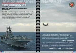 “There is a whole new generation of Marines getting very
comfortable with seeing the MV-22 and working with it. Once
you start using the asset, you really start to understand what you
can do with the improved response time and range.”
– MEU Commander
“The V-22 can reach the fight and be effective in the fight like
no other aircraft that has ever been embarked on these ships.
And in doing so, it enhances the ship’s ability to contribute to
those missions.”
– USS Bataan (LHD 5) Commanding Officer
SNAPSHOTMV-22 MISSIONAmphibious Operations
Marine Expeditionary Units
May 2009 to Present
MV-22 met all Amphibious Based Mission
Requirements
The MV-22 excels in contingency missions with greater speed,
range, payload, and endurance than any other rotorcraft. This
increases flexibility to amphibious shipping and allows further
standoff distances from the shore. In addition, long-range
ship-to-shore logistics support benefits from the aircraft’s
transformational capabilities.
37MV-22 Amphibious Operations36 MV-22 Amphibious Operations
 