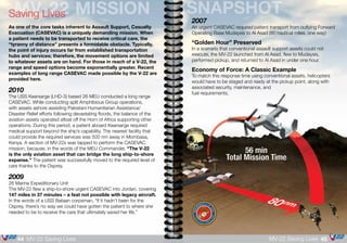 2007
An urgent CASEVAC required patient transport from outlying Forward
Operating Base Mudaysis to Al Asad (80 nautical miles, one way)
“Golden Hour” Preserved
In a scenario that conventional assault support assets could not
execute, the MV-22 launched from Al Asad, flew to Mudaysis,
performed pickup, and returned to Al Asad in under one hour.
Economy of Force: A Classic Example
To match this response time using conventional assets, helicopters
would have to be staged and ready at the pickup point, along with
associated security, maintenance, and
fuel requirements.
SNAPSHOTMV-22 MISSIONSaving Lives
As one of the core tasks inherent to Assault Support, Casualty
Evacuation (CASEVAC) is a uniquely demanding mission. When
a patient needs to be transported to receive critical care, the
“tyranny of distance” presents a formidable obstacle. Typically,
the point of injury occurs far from established transportation
hubs and services; therefore, the movement options are limited
to whatever assets are on hand. For those in reach of a V-22, the
range and speed options become exponentially greater. Recent
examples of long range CASEVAC made possible by the V-22 are
provided here.
2010
The USS Kearsarge (LHD-3) based 26 MEU conducted a long range
CASEVAC. While conducting split Amphibious Group operations,
with assets ashore assisting Pakistani Humanitarian Assistance/
Disaster Relief efforts following devastating floods, the balance of the
aviation assets operated afloat off the Horn of Africa supporting other
operations. During this period, a patient aboard Kearsarge required
medical support beyond the ship’s capability. The nearest facility that
could provide the required services was 500 nm away in Mombasa,
Kenya. A section of MV-22s was tapped to perform the CASEVAC
mission, because, in the words of the MEU Commander, “The V-22
is the only aviation asset that can bridge the long ship-to-shore
expanse.” The patient was successfully moved to the required level of
care thanks to the Osprey.
2009
26 Marine Expeditionary Unit
The MV-22 flew a ship-to-shore urgent CASEVAC into Jordan, covering
147 miles in 37 minutes – a feat not possible with legacy aircraft.
In the words of a USS Bataan corpsman, “If it hadn’t been for the
Osprey, there’s no way we could have gotten the patient to where she
needed to be to receive the care that ultimately saved her life.”
45MV-22 Saving Lives44 MV-22 Saving Lives
 
