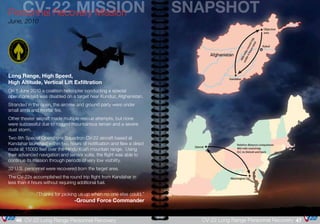 SNAPSHOT	 CV-22 MISSIONPersonnel Recovery Mission
June, 2010
Long Range, High Speed,
High Altitude, Vertical Lift Exfiltration
On 1 June 2010 a coalition helicopter conducting a special
operations raid was disabled on a target near Kunduz, Afghanistan.
Stranded in the open, the aircrew and ground party were under
small arms and mortar fire.
Other theater aircraft made multiple rescue attempts, but none
were successful due to rugged mountainous terrain and a severe
dust storm.
Two 8th Special Operations Squadron CV-22 aircraft based at
Kandahar launched within two hours of notification and flew a direct
route at 15000 feet over the Hindu Kush mountain range. Using
their advanced navigation and sensor suite, the flight was able to
continue its mission through periods of very low visibility.
32 U.S. personnel were recovered from the target area.
The CV-22s accomplished the round trip flight from Kandahar in
less than 4 hours without requiring additional fuel.
“Thanks for picking us up when no one else could.”
-Ground Force Commander
47CV-22 Long Range Personnel Recovery46 CV-22 Long Range Personnel Recovery
 