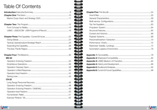 4
Introduction:ExecutiveSummary....................................................................8
Chapter One: The Vision...............................................................................10
	 Marine Corps Vision and Strategy 2025....................................................11
Chapter Two: The Program..........................................................................12
	 From Concept to Reality............................................................................14
	 USMC - USSOCOM - USN Programs of Record.........................................16
ChapterThree:TheCapability–Current&Future............................................22
	 Going Global.............................................................................................23
	 Tactical, Operational and Strategic Reach...................................................24
	 Expanding the Capability...........................…….........................……….….26
	 The Asia / Pacific Region............................................................................28
Chapter Four: The Missions..........................................................................30
MV-22
	 Operation Enduring Freedom....................................................................34
	 Amphibious Operations.............................................................................36
	 Operation Odyssey Dawn.........................................................……….….38
	 Operation Unified Response......................................................................40
	 Operation Iraqi Freedom............................................................................42
	 Saving Lives..............................................................................................44
CV-22
	 Long Range Personnel Recovery...............................................................46
	 Operation Enduring Freedom....................................................................48
	 Operation Enduring Freedom: CASEVAC..................................……….….49
	 Operation Iraqi Freedom............................................................................50
	 Humanitarian Relief...................................................................................51
	 Exercise Flintlock ‘09................................................................................52
5
ChapterFive:The Aircraft..............................................................................54
	 How It Flies................................................................................................55
	 General Characteristics.............................................................................58
	 Multi-service Configurations.....................................................……….….60
	 Top Tier Suppliers......................................................................................63
	 Propulsion System....................................................................................64
	 Structural Features....................................................................................65
	 Cockpit and Avionics................................................................……….….66
	 Payload Systems......................................................................................68
	 Personnel Insertion / Extraction..................................................................70
	 Performance Charts.................................................................……….….72
	 Restricted Visibility Landings....................................................................74
	 Automated Logistics Environment.............................................................76
Appendix 1: Survivability...............................................................................78
Appendix 2: Shipboard Compatibility.............................................................82
Appendix 3: USMC Medium Lift Transition.....................................................84
Appendix 4: History and Development...........................................................86
Appendix5:StudiesandAnalyses..................................................................94
Appendix 6: Current & Future Capabilities.......................................................96
Table Of Contents
 