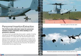 Fast rope system at the rear cabin
Parachute operations have also been conducted with the V-22
The V-22 provides alternate means for personnel
insertion and/or extraction when landing is not
practical or desired.
The rescue hoist is an electrically driven system, capable of hoisting
devices into the cabin like the stokes litter, two-man rescue team,
forest penetrator, or a stokes litter with attached floatation device.
Optional fastrope equipment can be installed that provides for two
fastropes in the cargo area. One mounting system is located above
the end of the cargo ramp so that the rope can hang vertically at a
nominal distance of 14 inches aft of the ramp floor; the second is
located above the aft cargo hook bay.
Personnel Insertion/Extraction
71Personnel Insertion/Extraction70 Personnel Insertion/Extraction
 