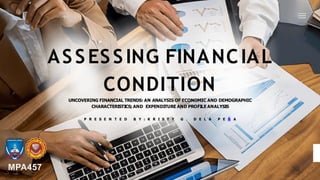 ASSESSING FINANCIAL
CONDITION
UNCOVERING FINANCIAL TRENDS: AN ANALYSIS OF ECONOMIC AND DEMOGRAPHIC
CHARACTERISTICS; AND EXPENDITURE AND PROFILE ANALYSIS
P R E S E N T E D B Y : K R I S T Y G . D E L A P E Ñ A
MPA457
 