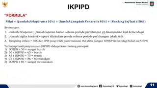 IKPIPD
11
“FORMULA”
𝑵𝒊𝒍𝒂𝒊 = 𝑱𝒖𝒎𝒍𝒂𝒉 𝑷𝒆𝒍𝒂𝒑𝒐𝒓𝒂𝒏 𝒙 𝟏𝟎% + 𝑱𝒖𝒎𝒍𝒂𝒉 𝑳𝒂𝒏𝒈𝒌𝒂𝒉 𝑲𝒐𝒏𝒌𝒓𝒆𝒕 𝒙 𝟒𝟎% + (𝑹𝒂𝒏𝒌𝒊𝒏𝒈 𝑰𝒏𝒇𝒍𝒂𝒔𝒊 𝒙 𝟓𝟎%)
Keterangan:
1. Jumlah Pelaporan = jumlah laporan harian selama periode perhitungan yg disampaikan kpd Kemendagri
2. Jumlah laglha konkret = upaya dilakukan pemda selama periode perhitungan (skala 0-9)
3. Rangking inflasi = IHK dan IPH yang telah dinormalisasi thd data pangan SP2KP Kemendag diolah oleh BPS
Terhadap hasil penyusunan IKPIPD didapatkan rentang persepsi:
1) IKPIPD < 50 = sangat buruk
2) 50 ≤ IKPIPD < 65 = buruk
3) 65 ≤ IKPIPD < 75 = sesuai
4) 75 ≤ IKPIPD < 86 = memuaskan
5) IKPIPD ≥ 86 = sangat memuaskan
 