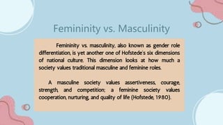 Femininity vs. masculinity, also known as gender role
differentiation, is yet another one of Hofstede’s six dimensions
of national culture. This dimension looks at how much a
society values traditional masculine and feminine roles.
A masculine society values assertiveness, courage,
strength, and competition; a feminine society values
cooperation, nurturing, and quality of life (Hofstede, 1980).
Femininity vs. Masculinity
 