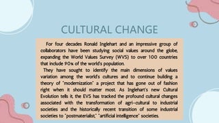For four decades Ronald Inglehart and an impressive group of
collaborators have been studying social values around the globe,
expanding the World Values Survey (WVS) to over 100 countries
that include 90% of the world's population.
They have sought to identify the main dimensions of values
variation among the world's cultures and to continue building a
theory of "modernization" a project that has gone out of fashion
right when it should matter most. As Inglehart's new Cultural
Evolution tells it, the EVS has tracked the profound cultural changes
associated with the transformation of agri-cultural to industrial
societies and the historically recent transition of some industrial
societies to "postmaterialist," "artificial intelligence" societies.
CULTURAL CHANGE
 