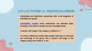 Individualism and collectivism, respectively, refer to the integration of
individuals into groups.
Individualistic societies stress achievement and individual rights,
focusing on the needs of oneself and one’s immediate family.
A person’s self-image in this category is defined as “I.”
In contrast, collectivist societies place greater importance on the goals
and well-being of the group, with a person’s self-image in this
category being more similar to a “We.”
COLLECTIVISM vs. INDIVIDUALISMSM
 
