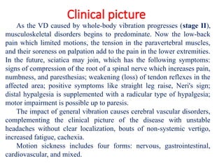 Clinical picture
As the VD caused by whole-body vibration progresses (stage II),
musculoskeletal disorders begins to predominate. Now the low-back
pain which limited motions, the tension in the paravertebral muscles,
and their soreness on palpation add to the pain in the lower extremities.
In the future, sciatica may join, which has the following symptoms:
signs of compression of the root of a spinal nerve which increases pain,
numbness, and paresthesias; weakening (loss) of tendon reflexes in the
affected area; positive symptoms like straight leg raise, Neri's sign;
distal hypalgesia is supplemented with a radicular type of hypalgesia;
motor impairment is possible up to paresis.
The impact of general vibration causes cerebral vascular disorders,
complementing the clinical picture of the disease with unstable
headaches without clear localization, bouts of non-systemic vertigo,
increased fatigue, cachexia.
Motion sickness includes four forms: nervous, gastrointestinal,
cardiovascular, and mixed.
 