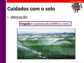 Terras cultiváveis




Cuidados com o solo
• IRRIGAÇÃO
                   Irrigação é o processo de umidificar a terra.




Ciências – 6º ano Ens. Fundamental    2º Bimestre                  Profa. Rebeca Vale
 