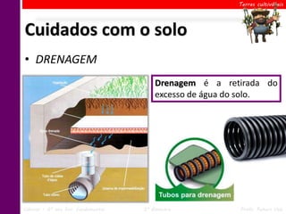 Terras cultiváveis




Cuidados com o solo
• DRENAGEM
                                         Drenagem é a retirada do
                                         excesso de água do solo.




Ciências – 6º ano Ens. Fundamental   2º Bimestre         Profa. Rebeca Vale
 