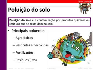 Terras cultiváveis




Poluição do solo
  Poluição do solo é a contaminação por produtos químicos ou
  resíduos que se acumulam no solo.

• Principais poluentes
      – Agrotóxicos

      – Pesticidas e herbicidas

      – Fertilizantes

      – Resíduos (lixo)

Ciências – 6º ano Ens. Fundamental   2º Bimestre   Profa. Rebeca Vale
 